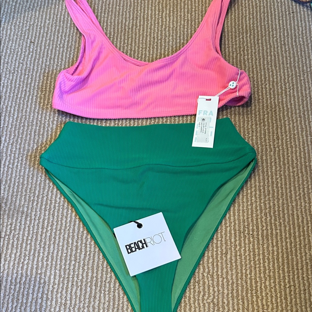 NWT FRANKIES BIKINI/Beach Riot Pink Ribbed Top and Green High-Waist Bottom S